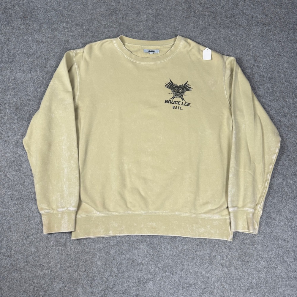 BAIT x Bruce‎ Lee Mens L Tan Acid Wash Graphic Crewneck Sweatshirt Martial Arts